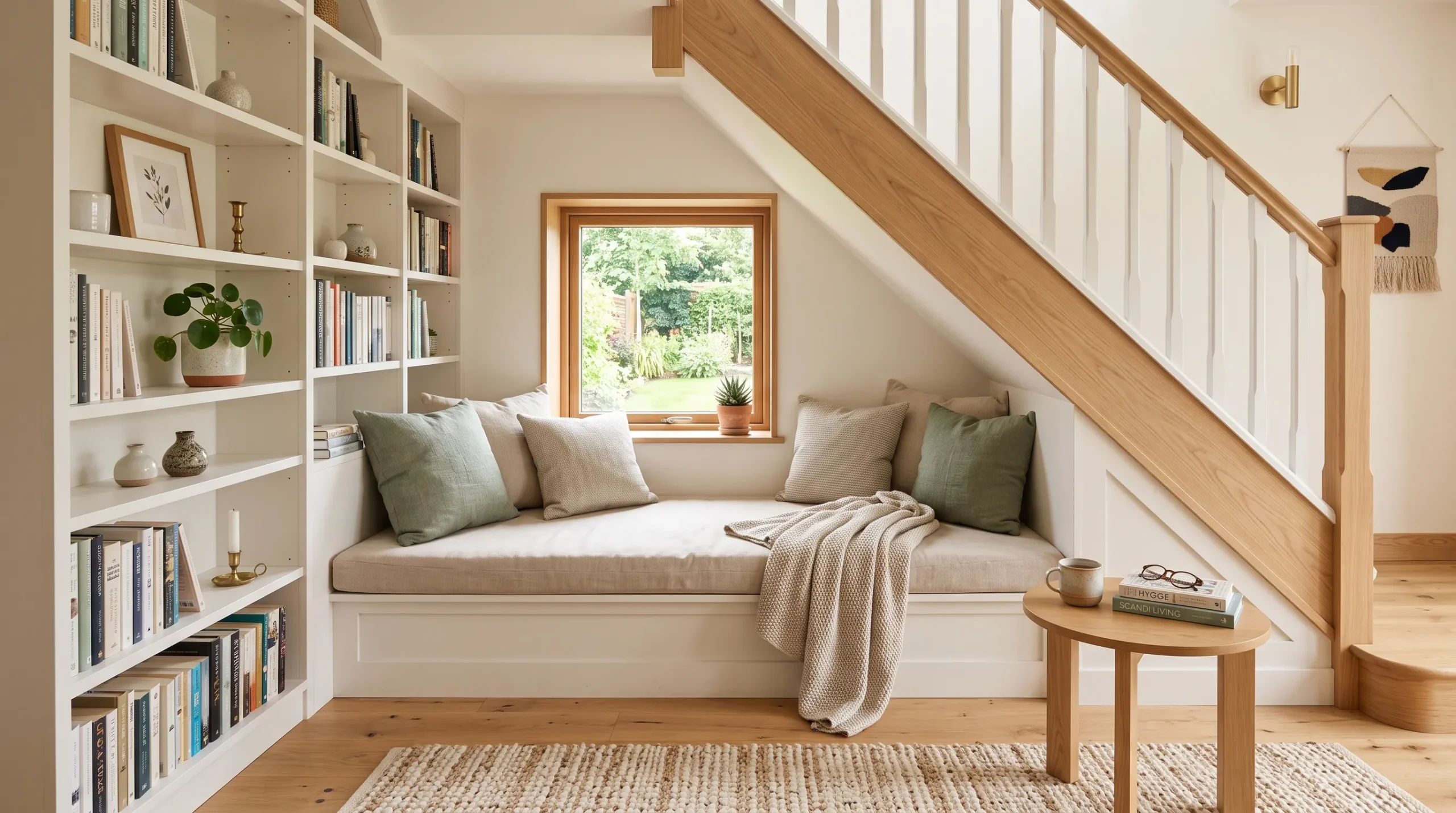 cozy under stairs reading nook