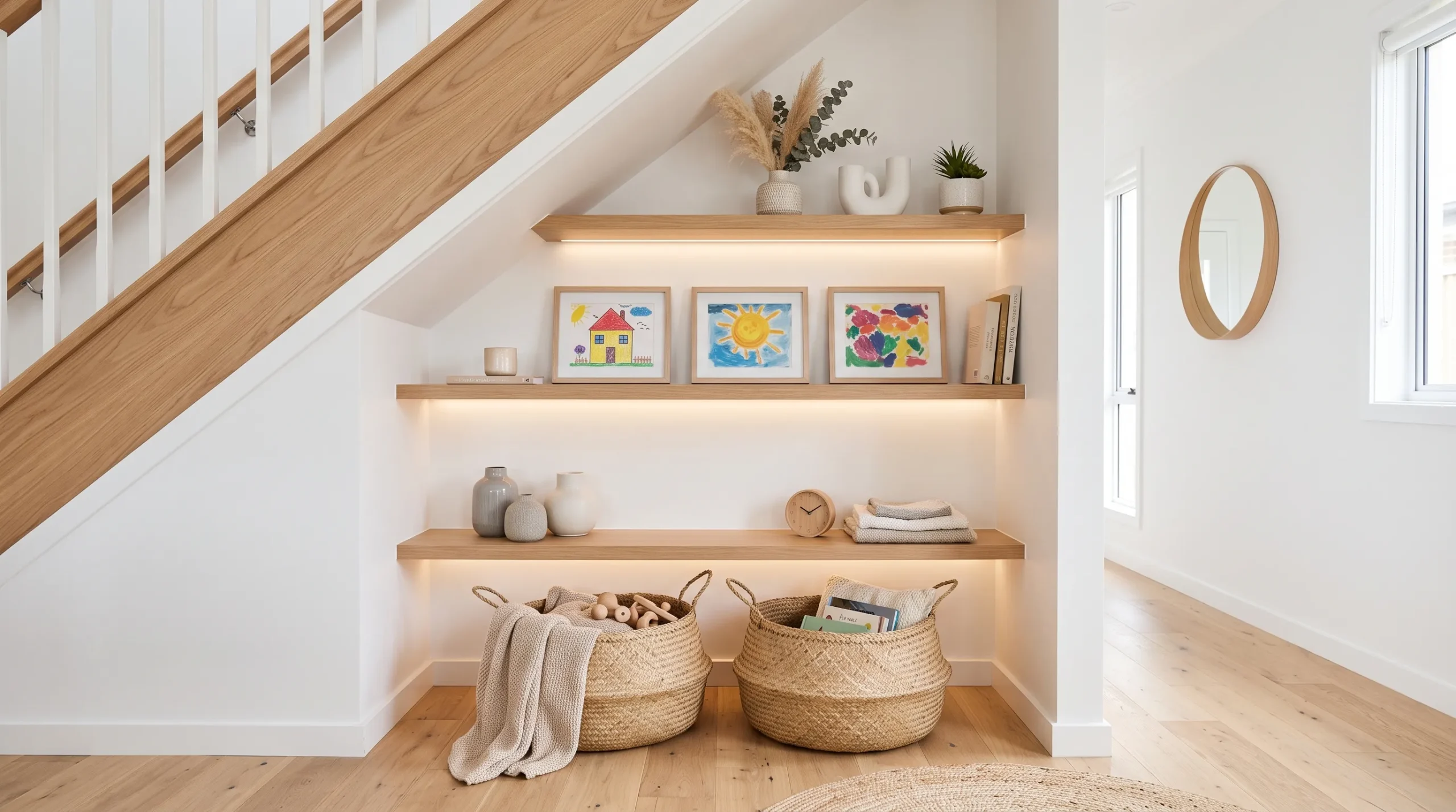 stylish under stairs display shelves
