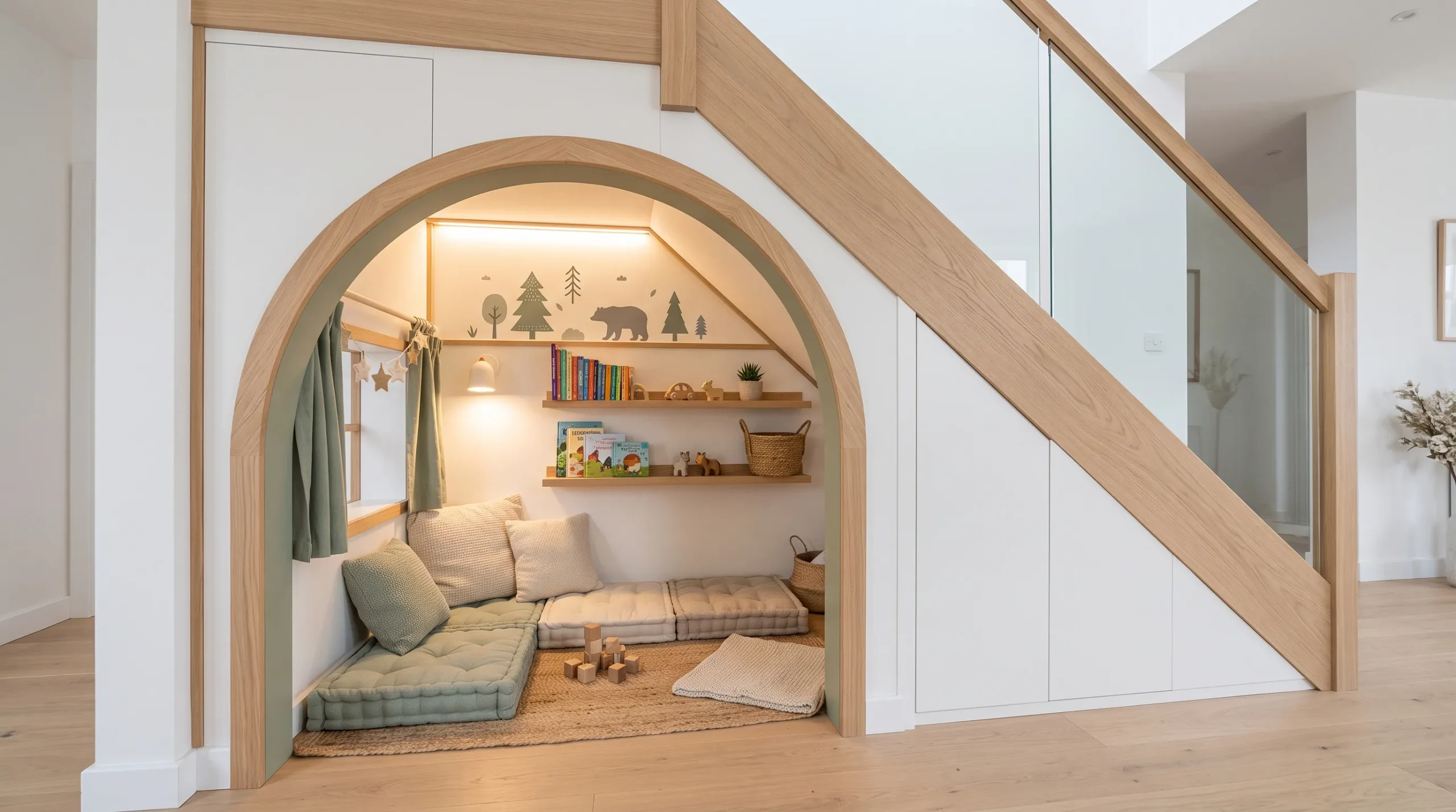 modern hidden playhouse under stairs