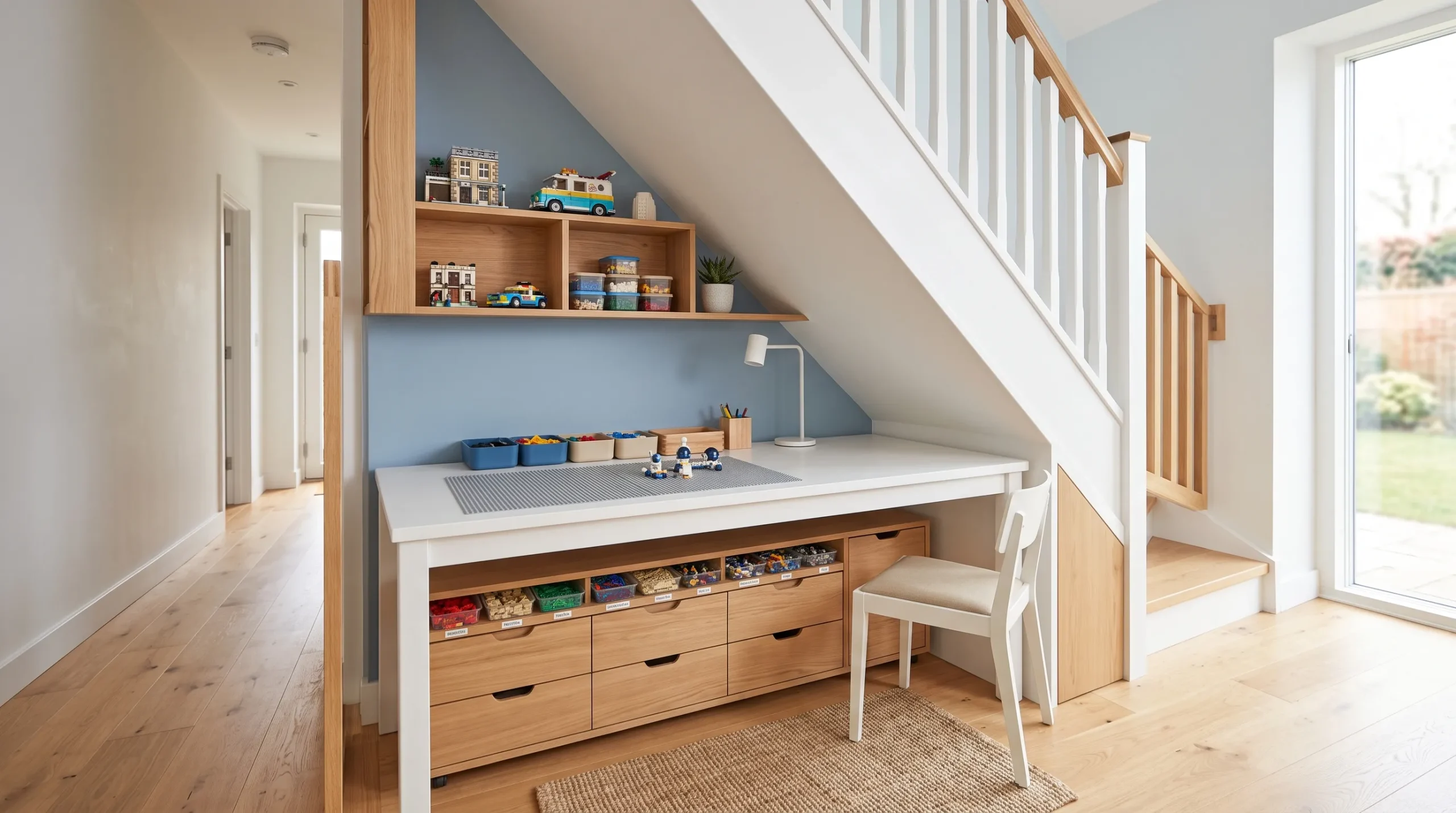 organized LEGO station under stairs