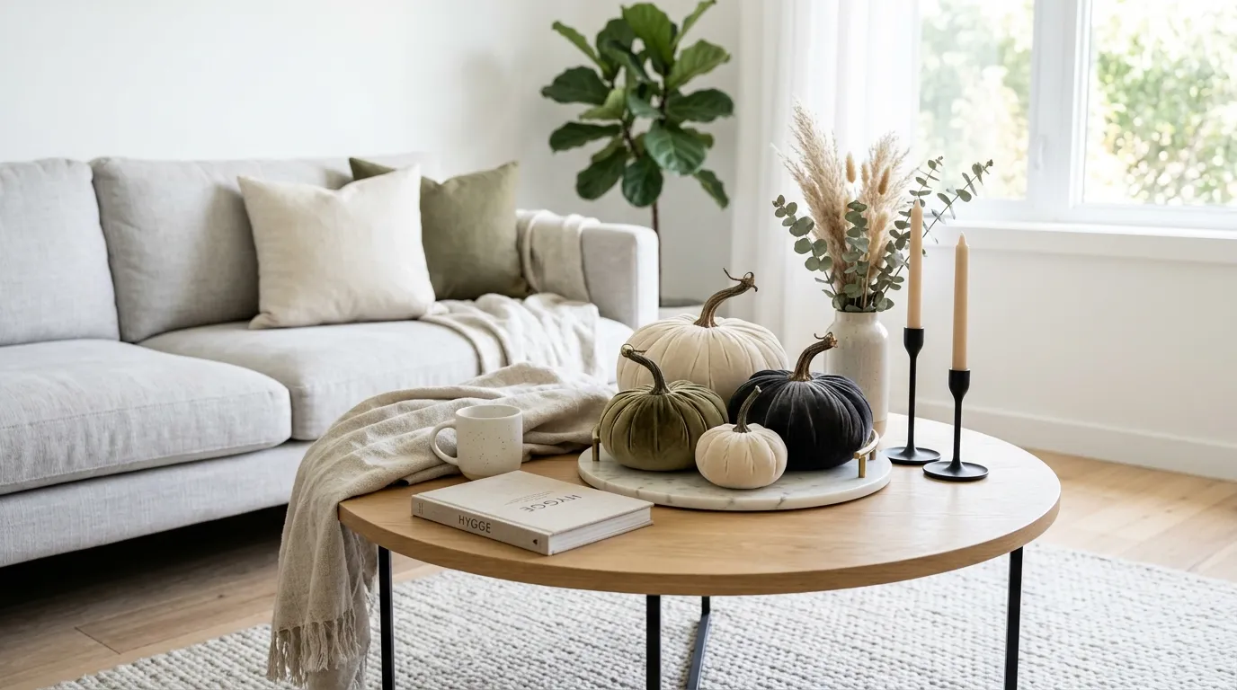 Velvet pumpkins on elegant coffee table