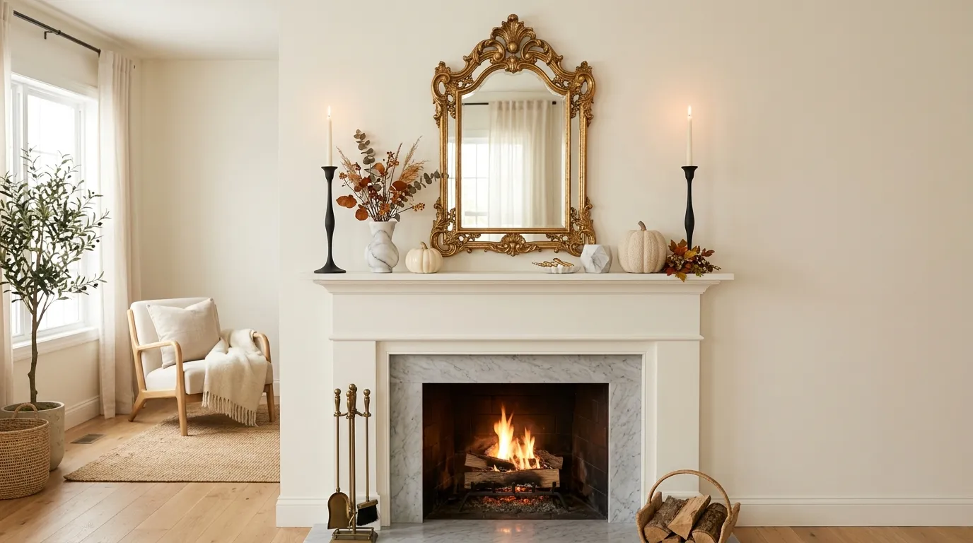 Gold mirror above elegant Halloween mantel