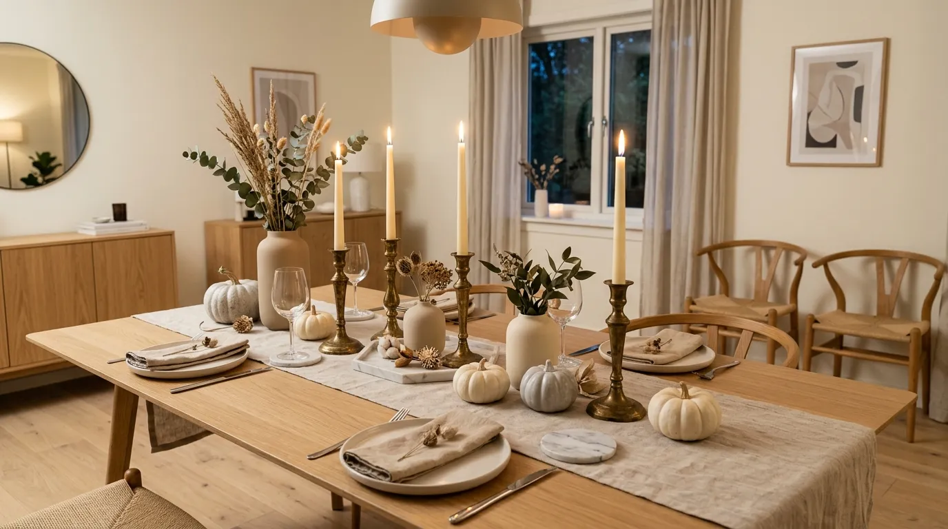 Brass candlesticks on elegant Halloween table