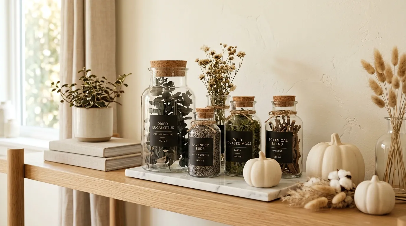 Glass apothecary bottles with autumn botanicals