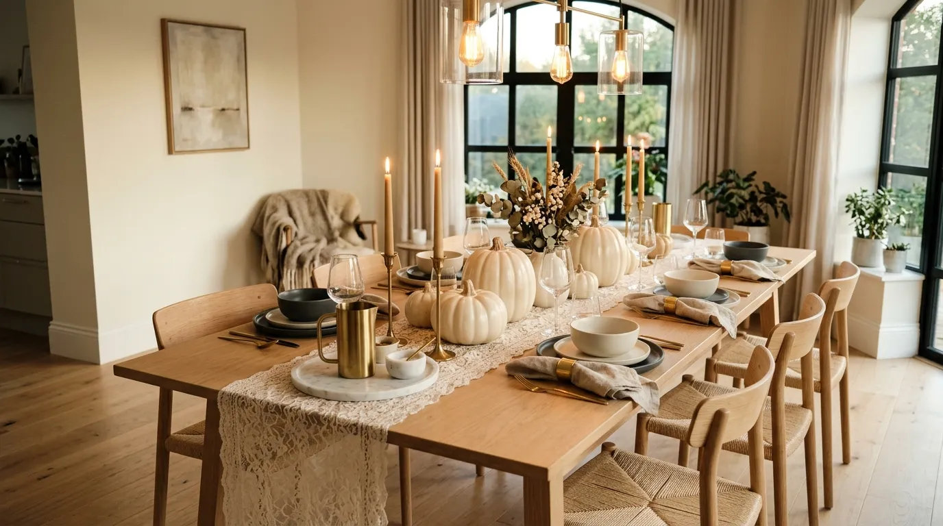 Elegant lace runner on autumn dining table