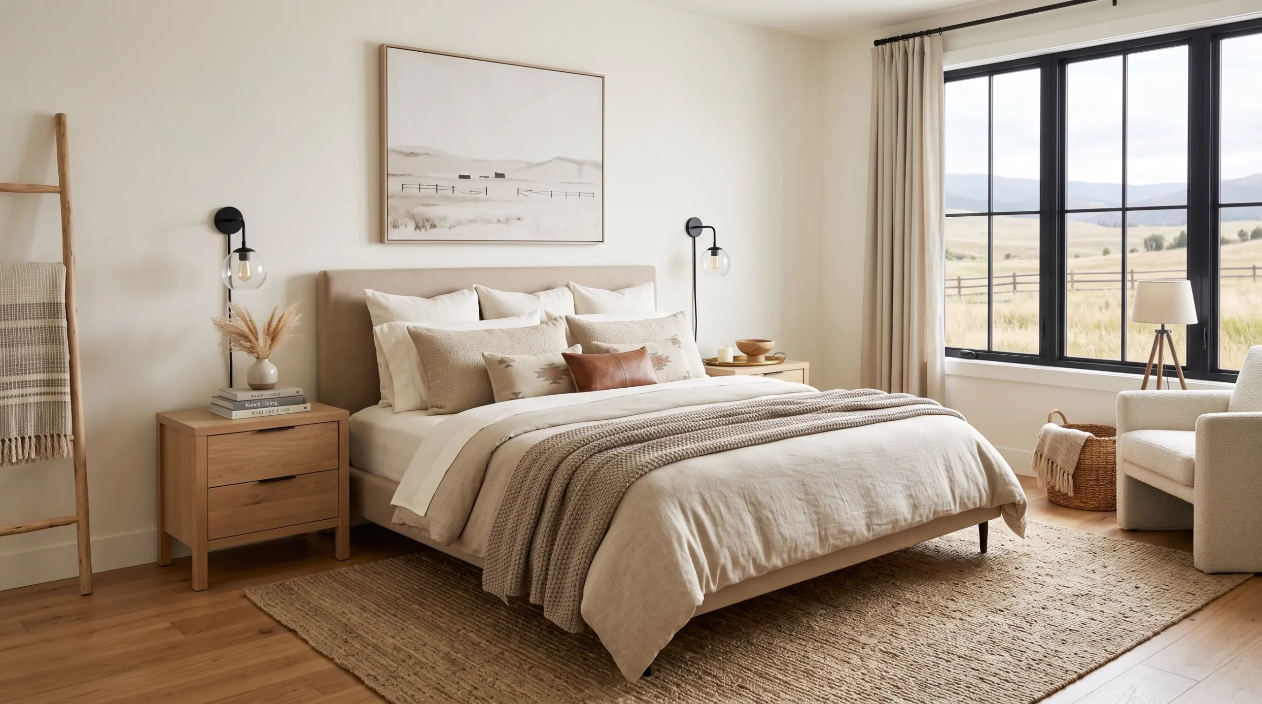layered neutral ranch bedding setup