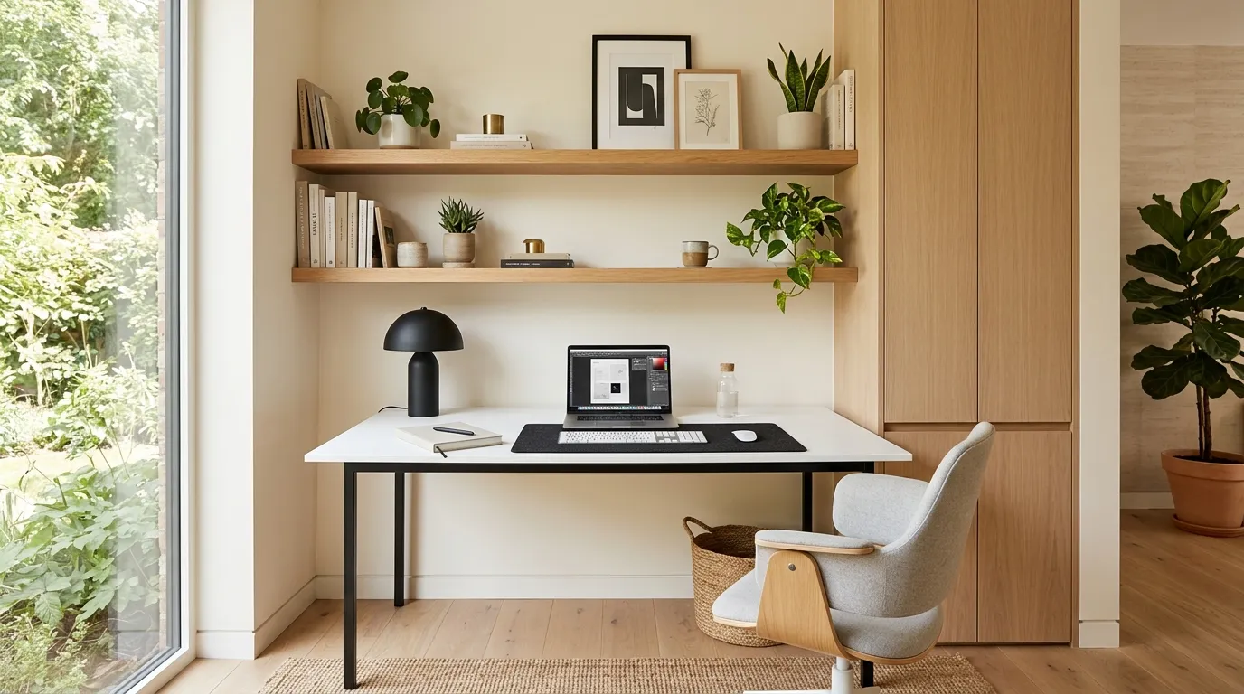 modern office with floating storage shelves