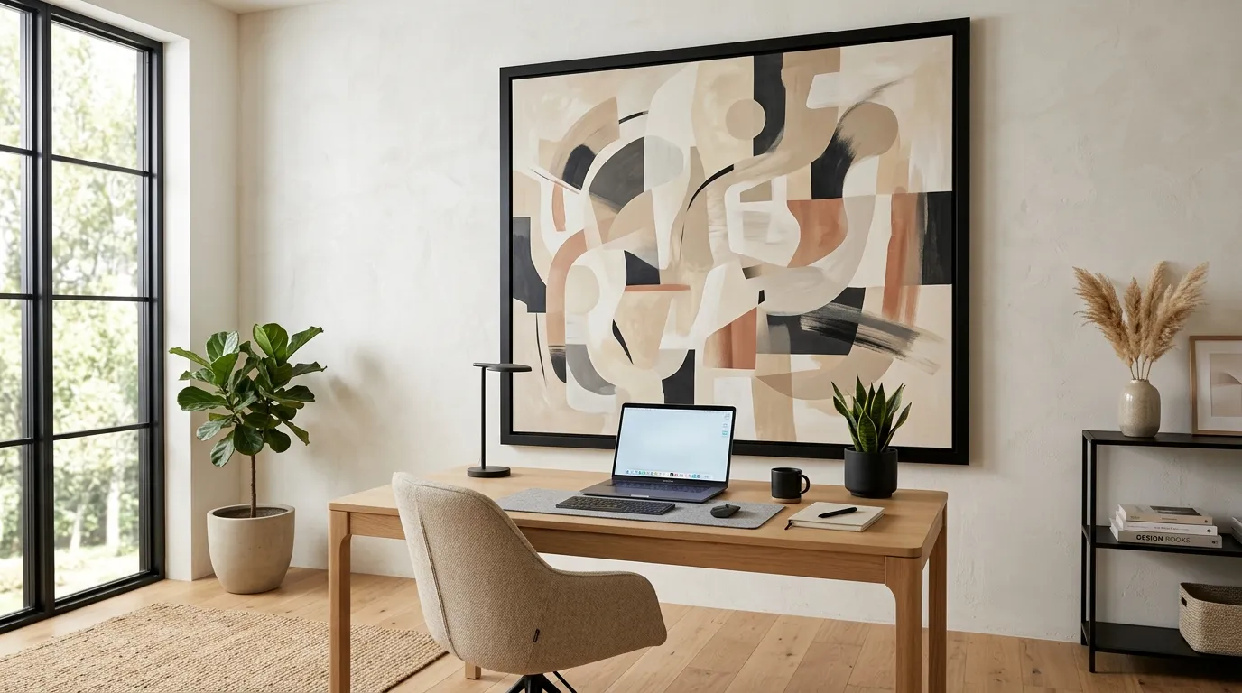 abstract wall art above modern desk