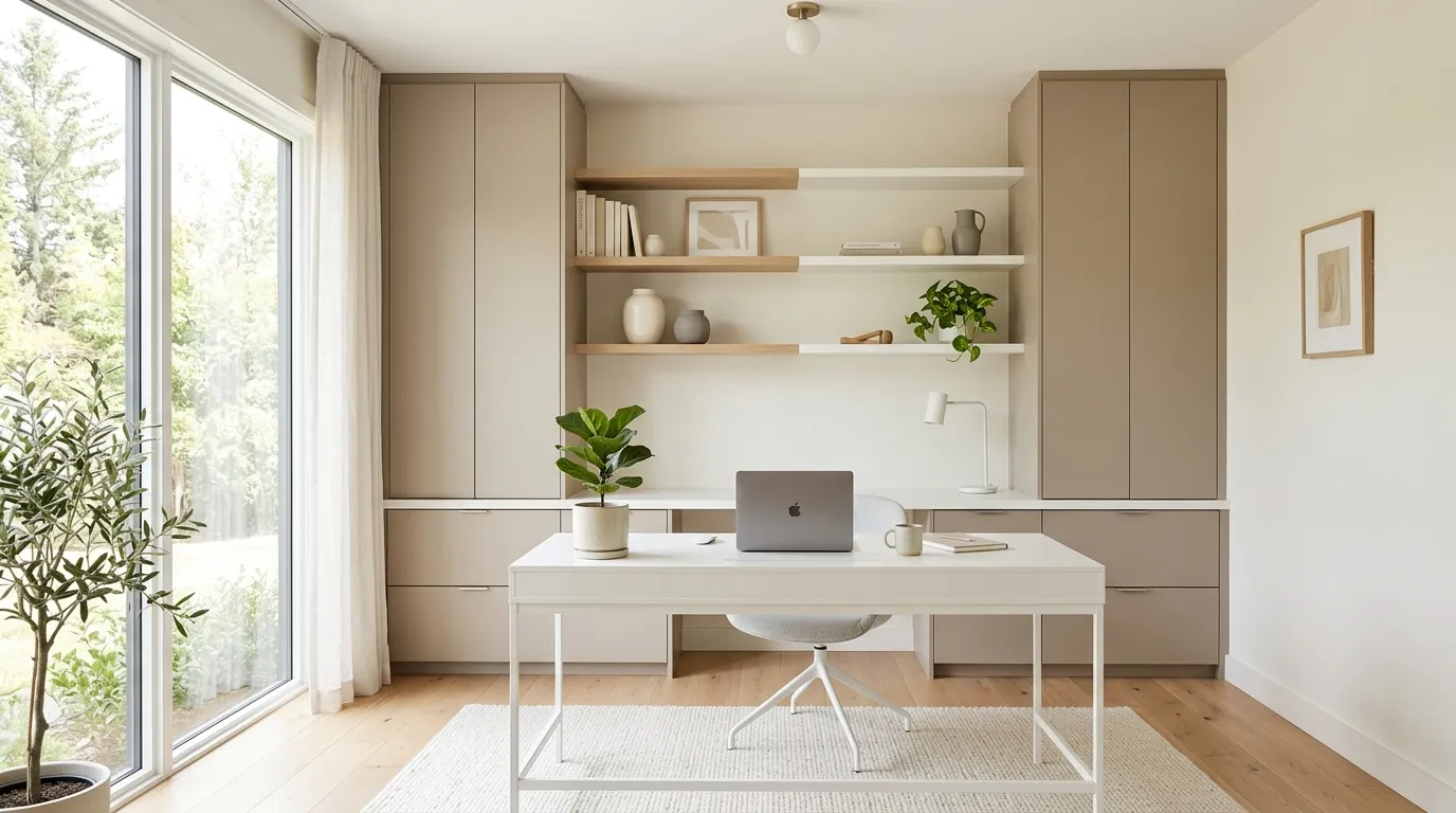 modern office with concealed storage cabinets
