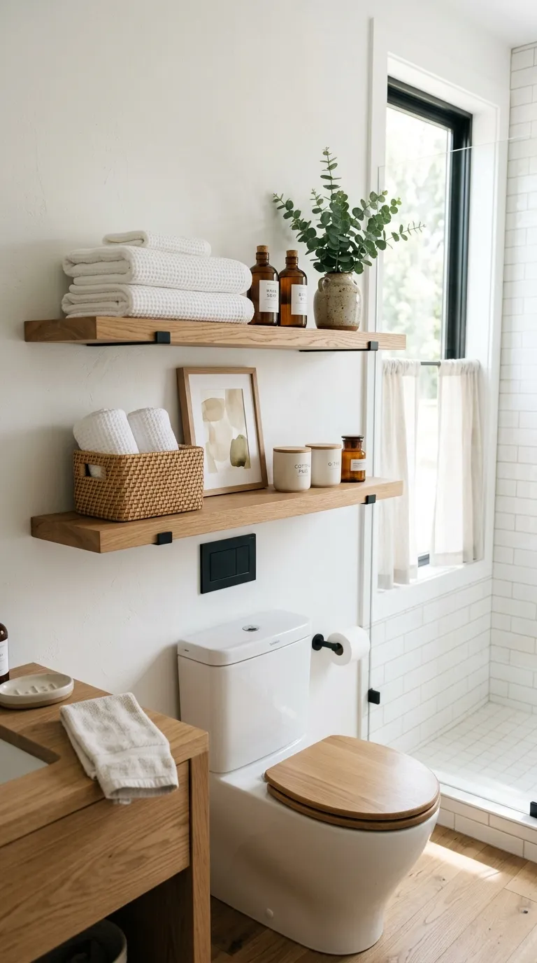 bathroom storage ideas on a budget Floating Wood Shelves