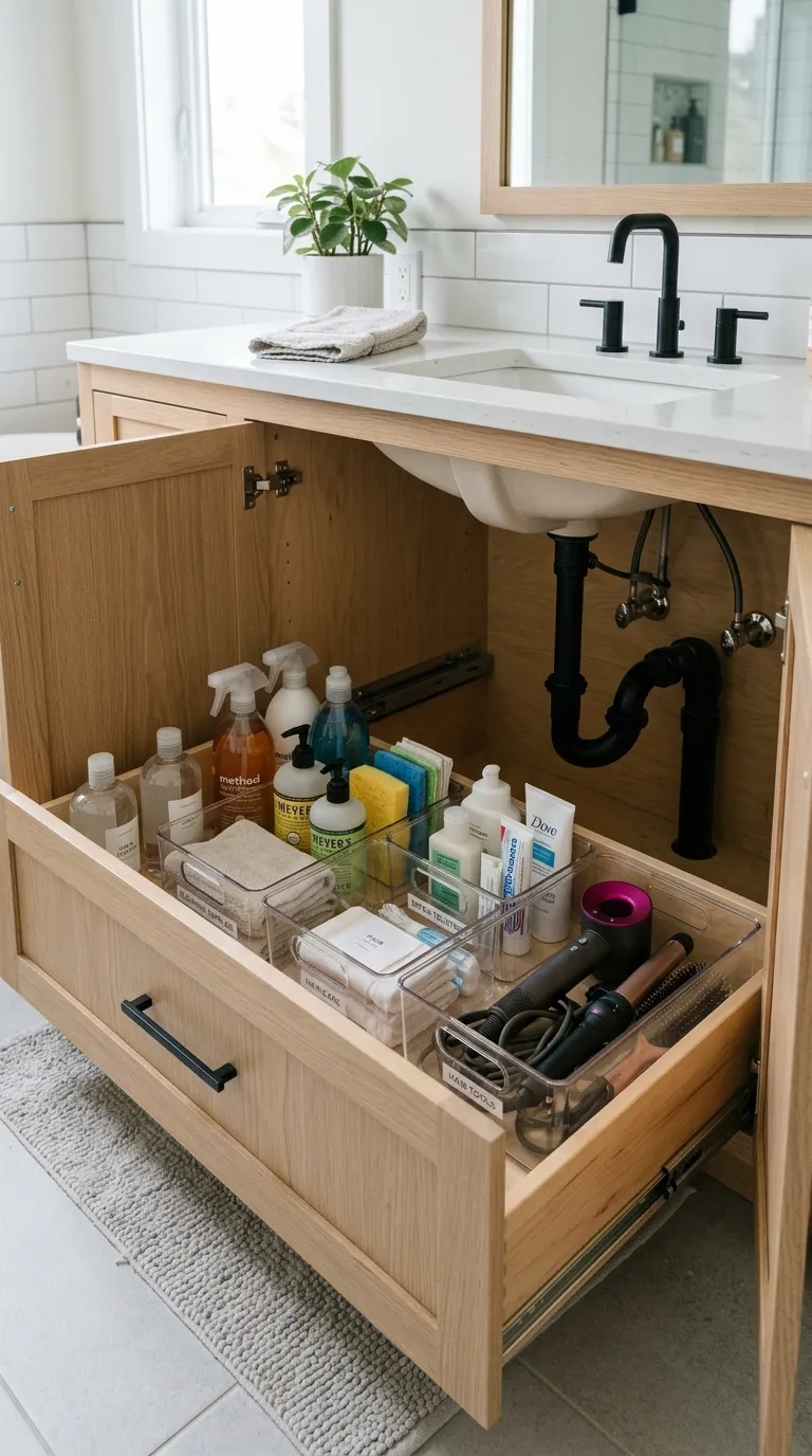 bathroom storage ideas on a budget Under-Sink Pull-Out Bins