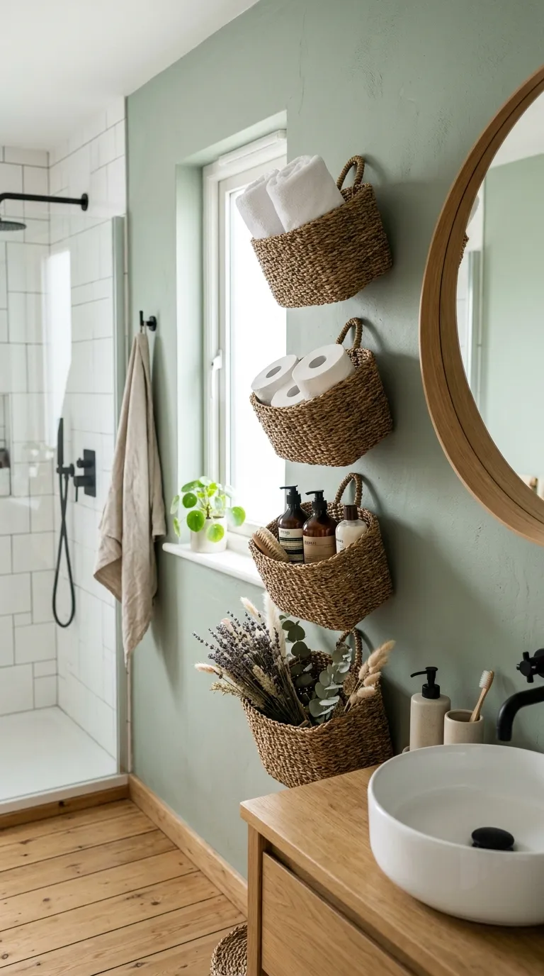 bathroom storage ideas on a budget Woven Basket Wall Storage