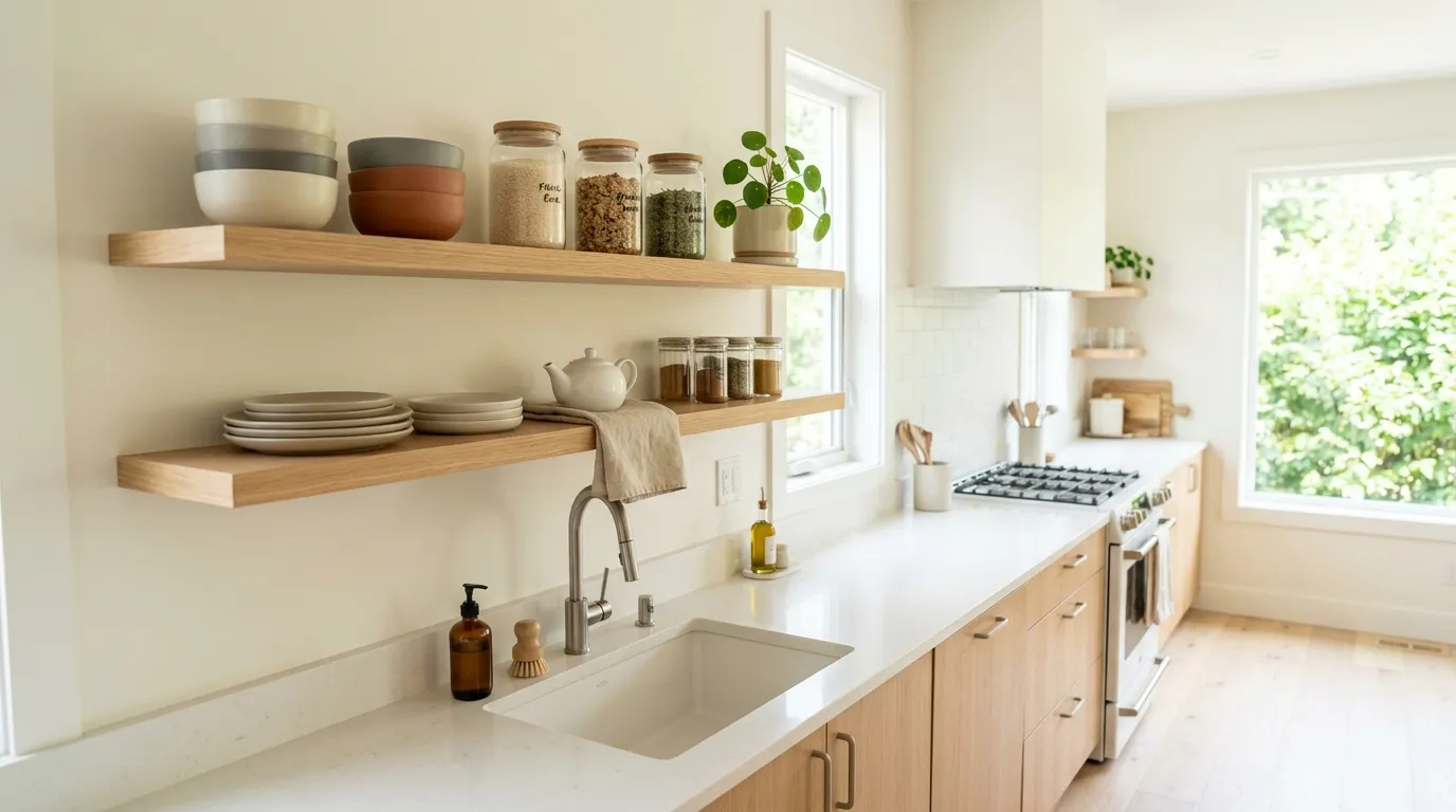 cottagecore decor on a budget Open Wooden Shelves