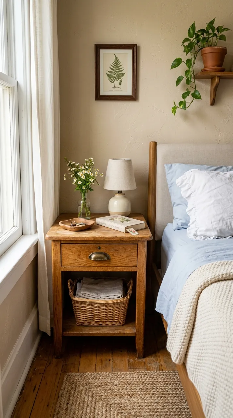 cozy cottagecore aesthetic room ideas Vintage Wood Nightstand