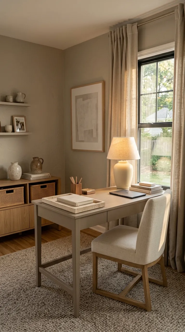cozy desk setup inspiration Layered Neutral Tones