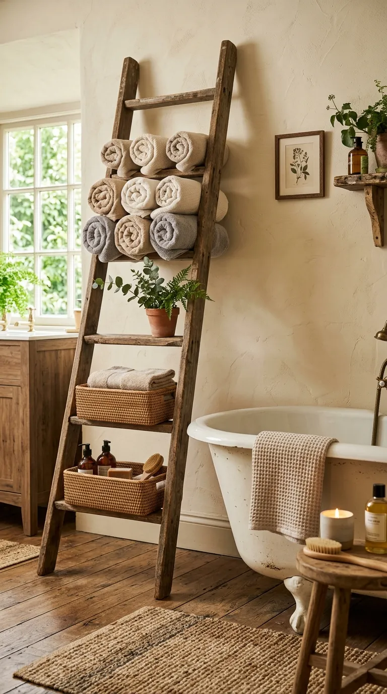 DIY bathroom storage ideas Repurposed Ladder Storage