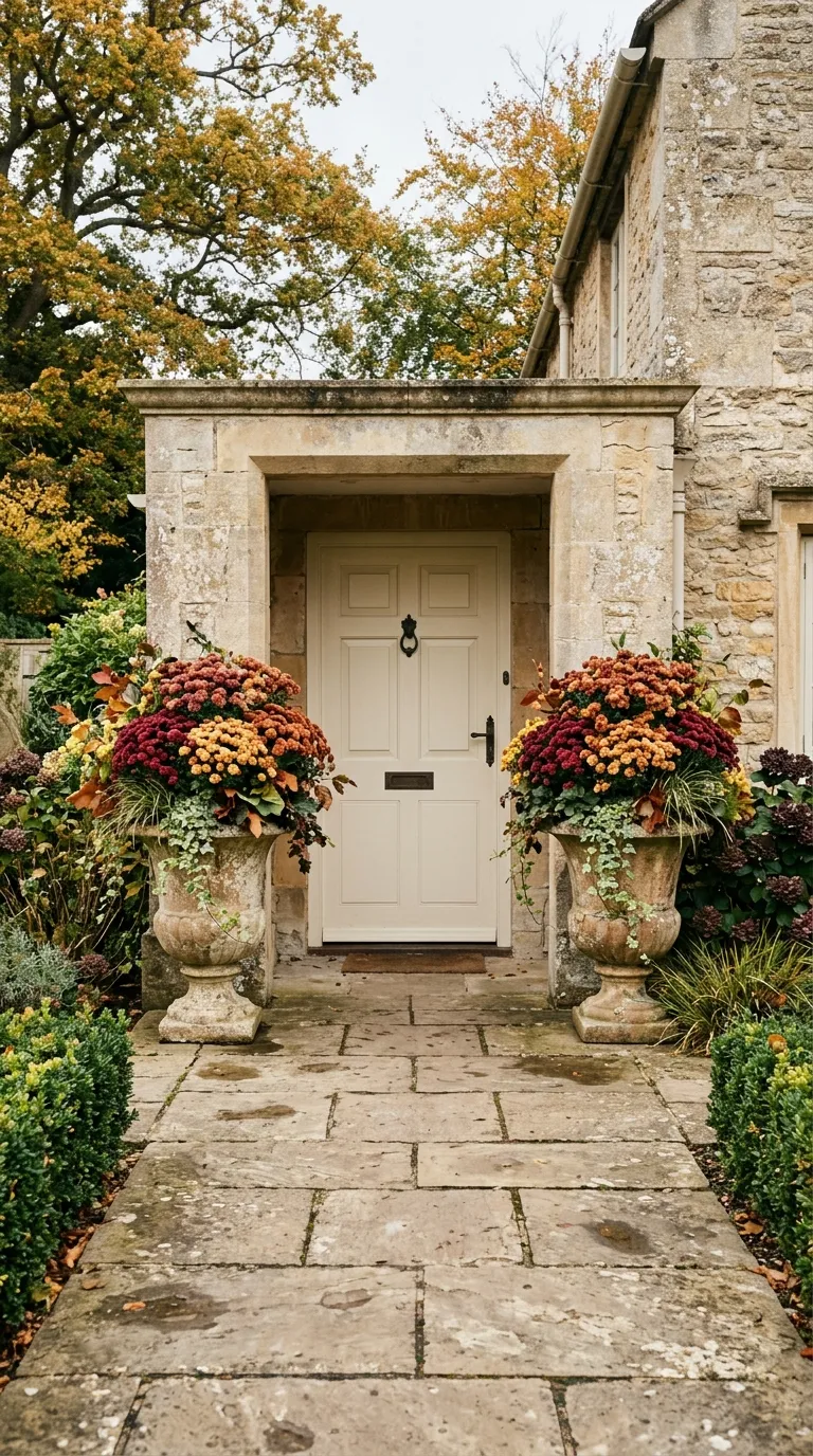 fall front porch decor Mums In Urns