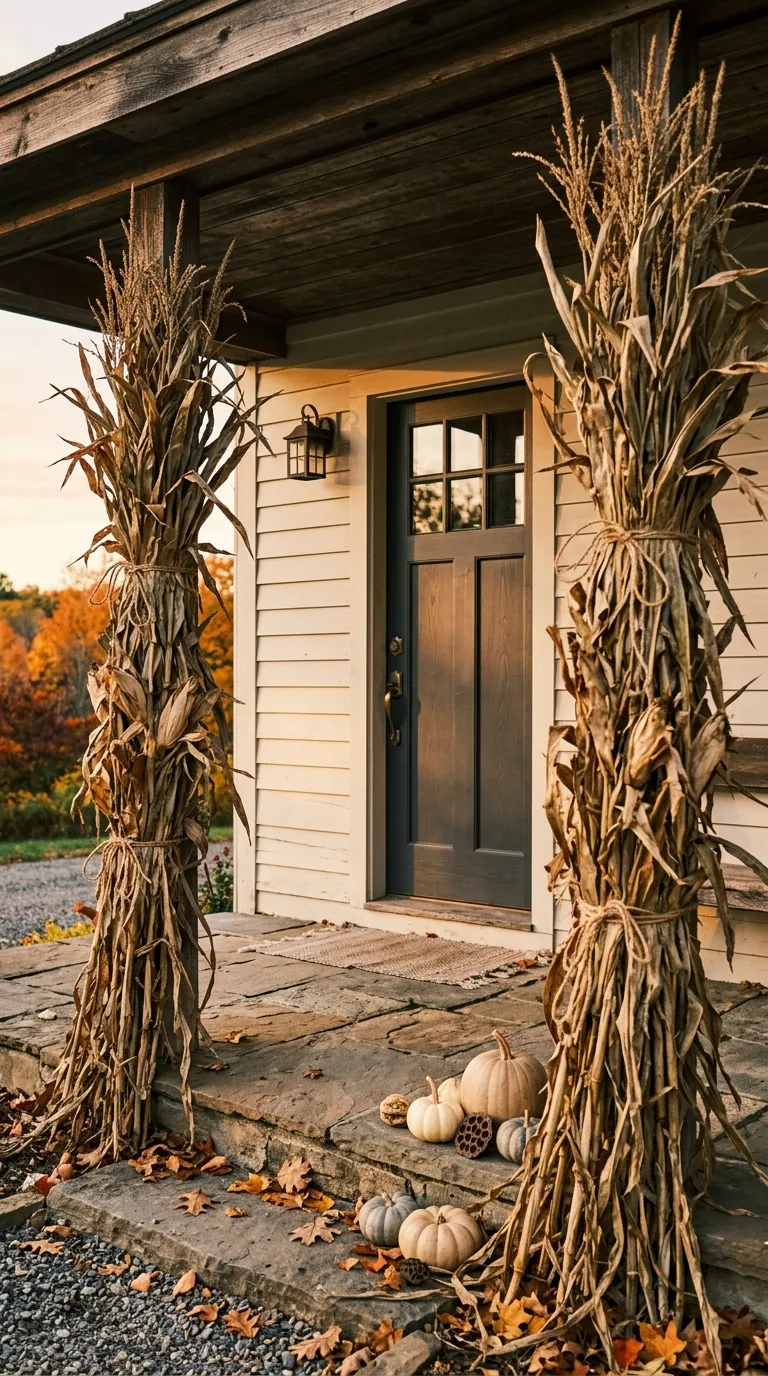 fall front porch decor Rustic Cornstalk Bundles