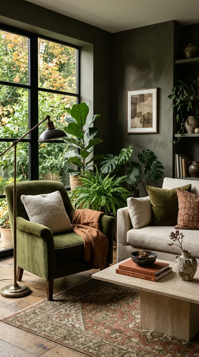 fall living room decor Moody Olive Green