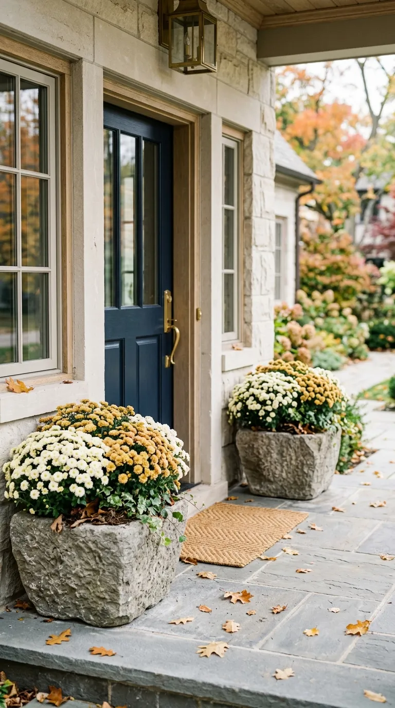 fall porch decor Mums In Stone Pots