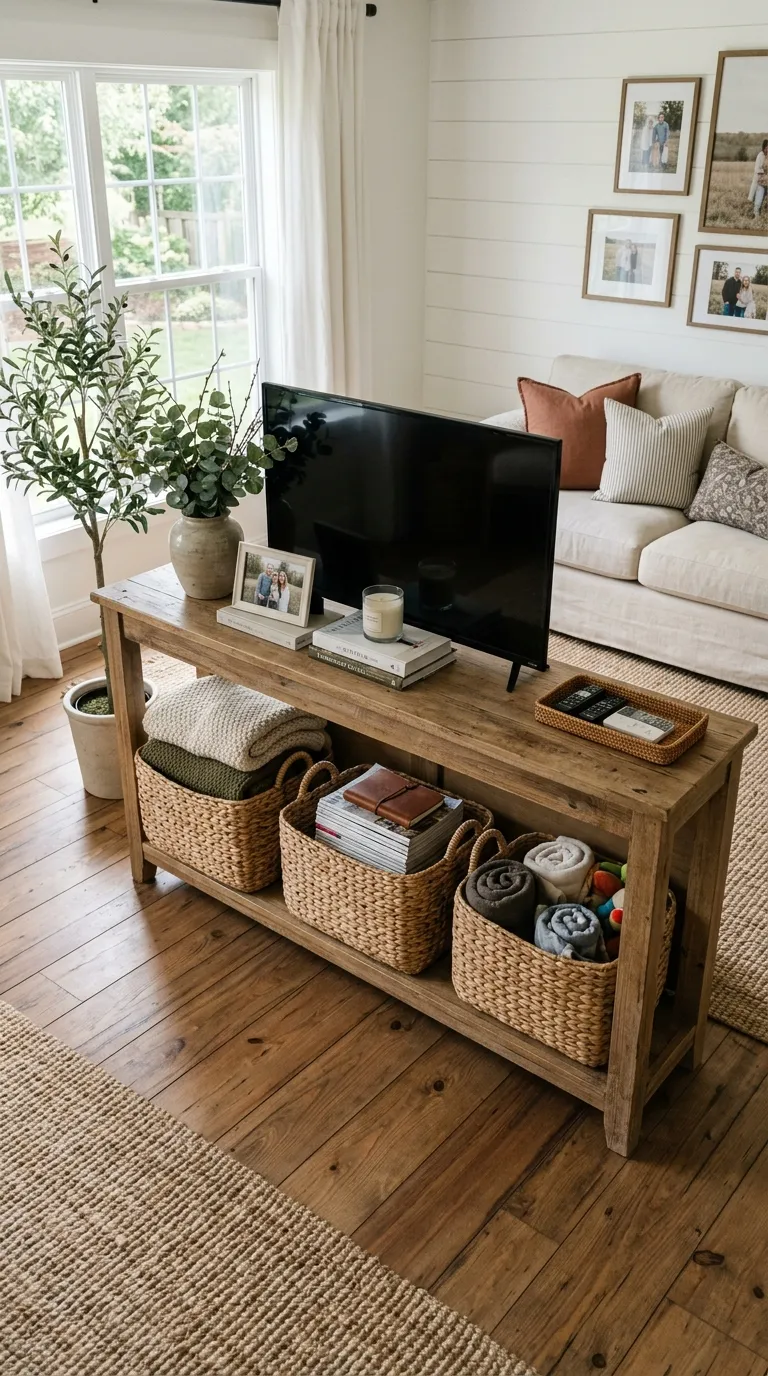farmhouse tv stand decor ideas Basket Storage Touches
