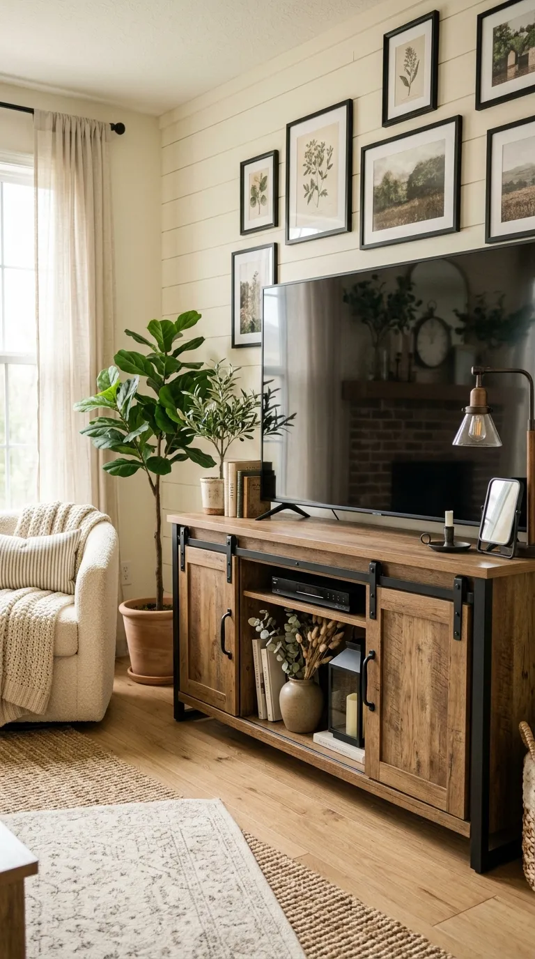 farmhouse tv stand decor ideas Black Metal Details