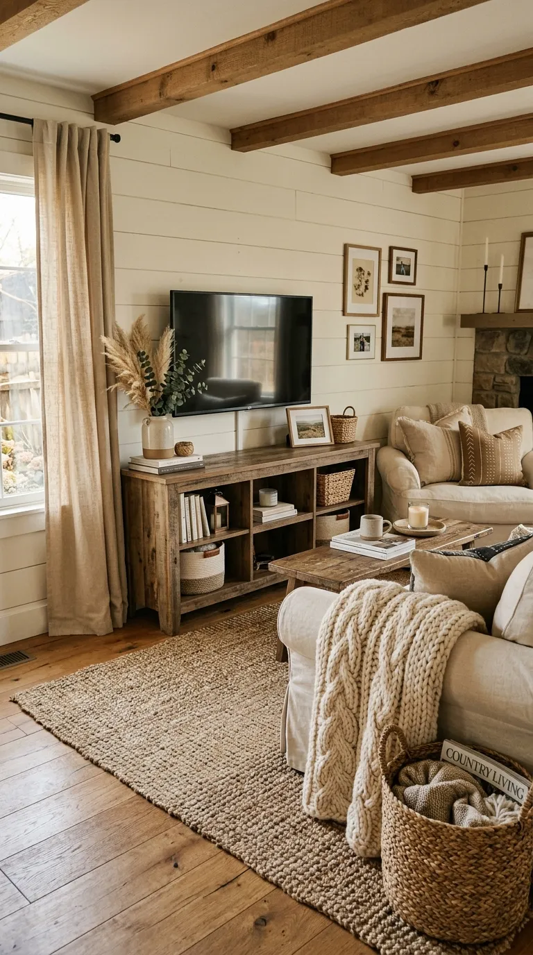 farmhouse tv stand decor ideas Cozy Textile Layers