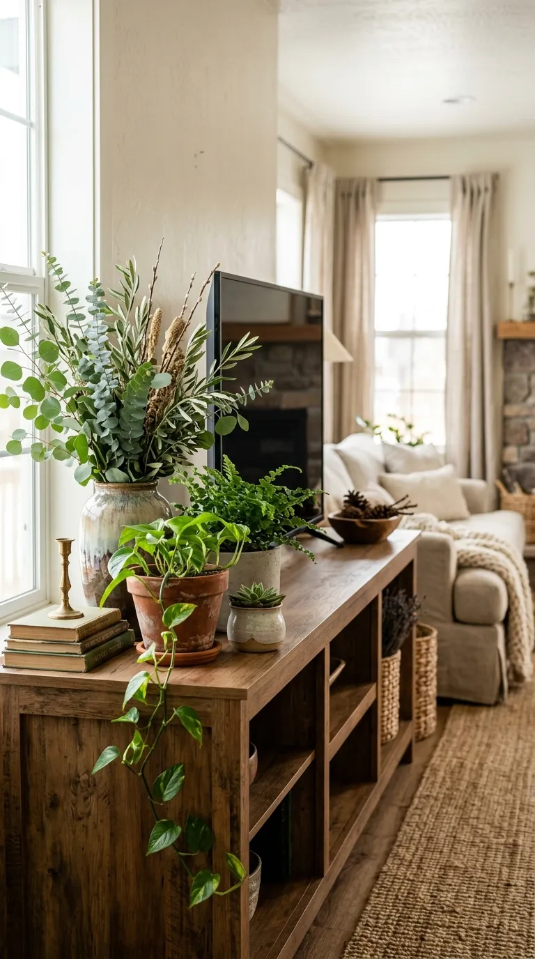 farmhouse tv stand decor ideas Greenery Layered Displays