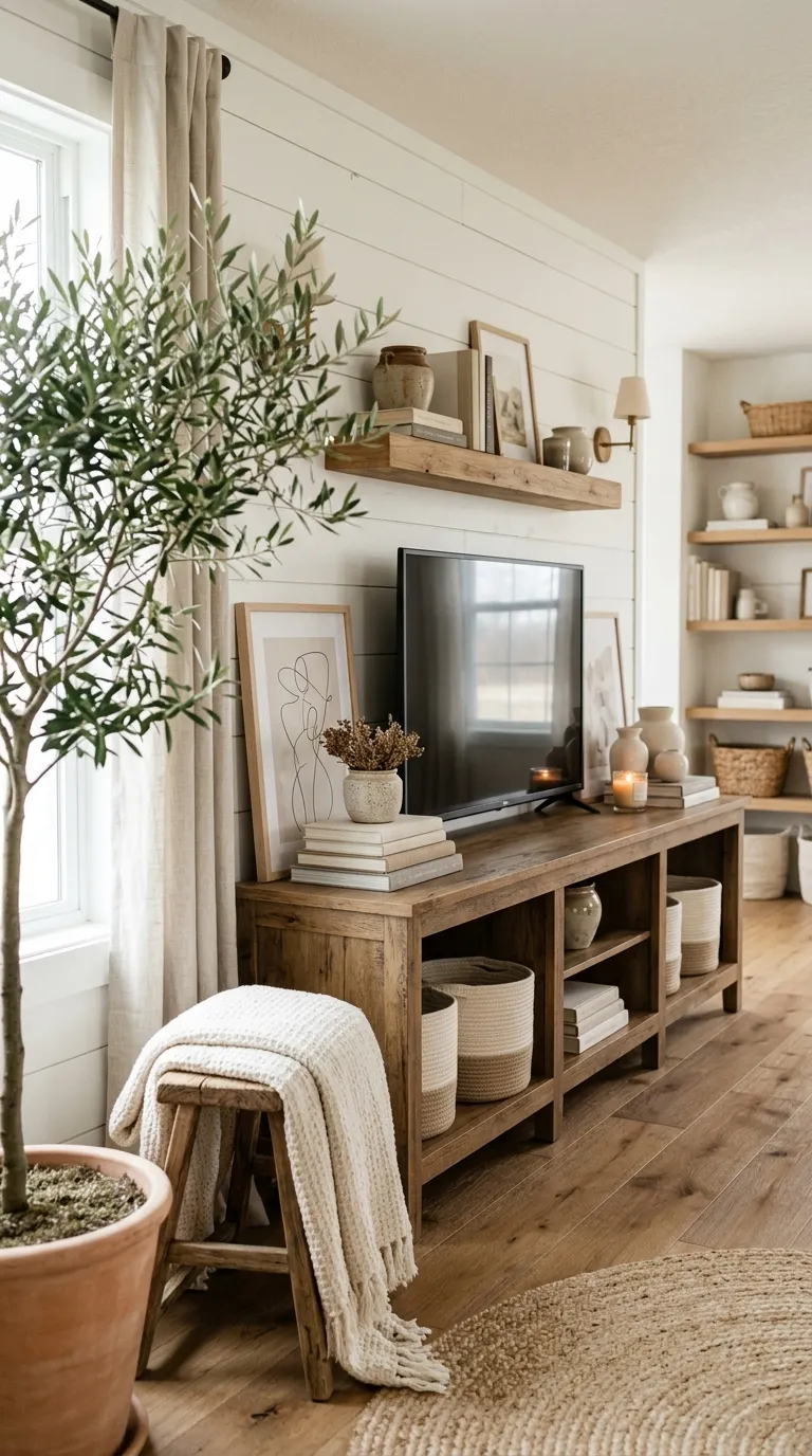 farmhouse tv stand decor ideas Layered Neutral Styling