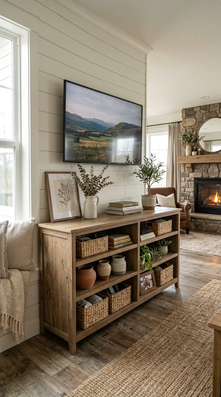 farmhouse tv stand decor ideas Open Shelf Arrangements