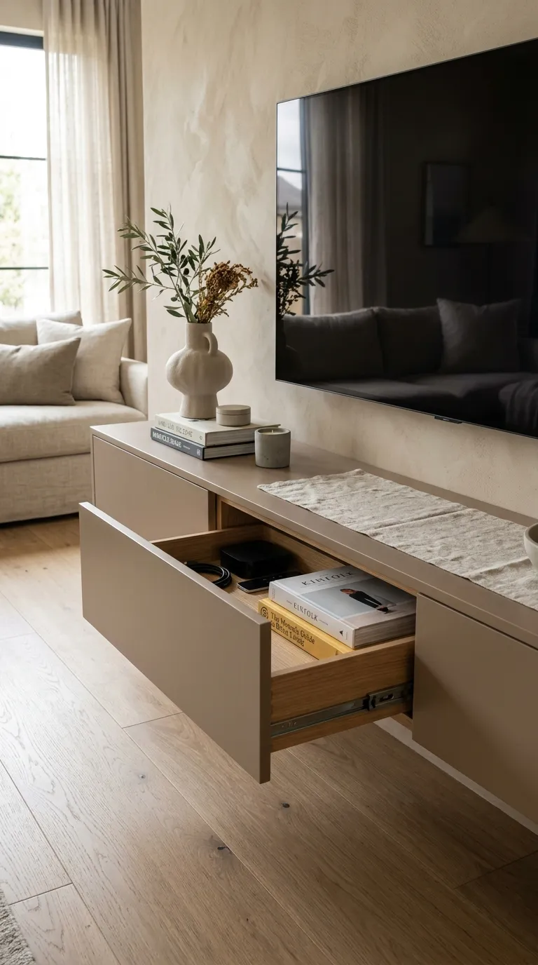 floating tv stand ideas Hidden Storage Drawers
