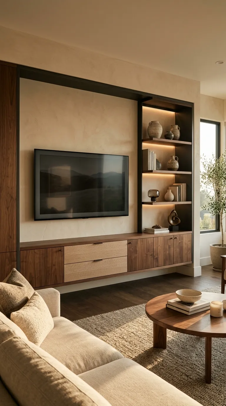 floating tv stand ideas Mixed Wood Finishes