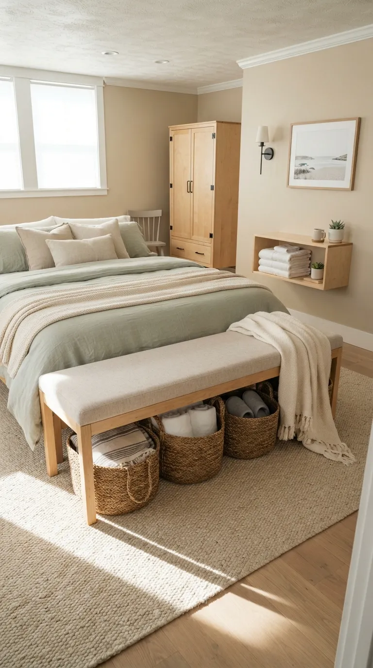 guest bedroom storage ideas Woven Baskets Under Benches