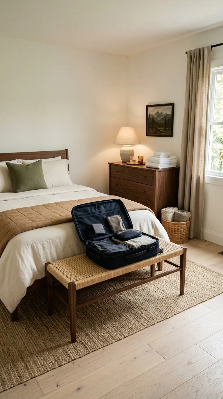 guest room aesthetic ideas Give Guests a Luggage Bench