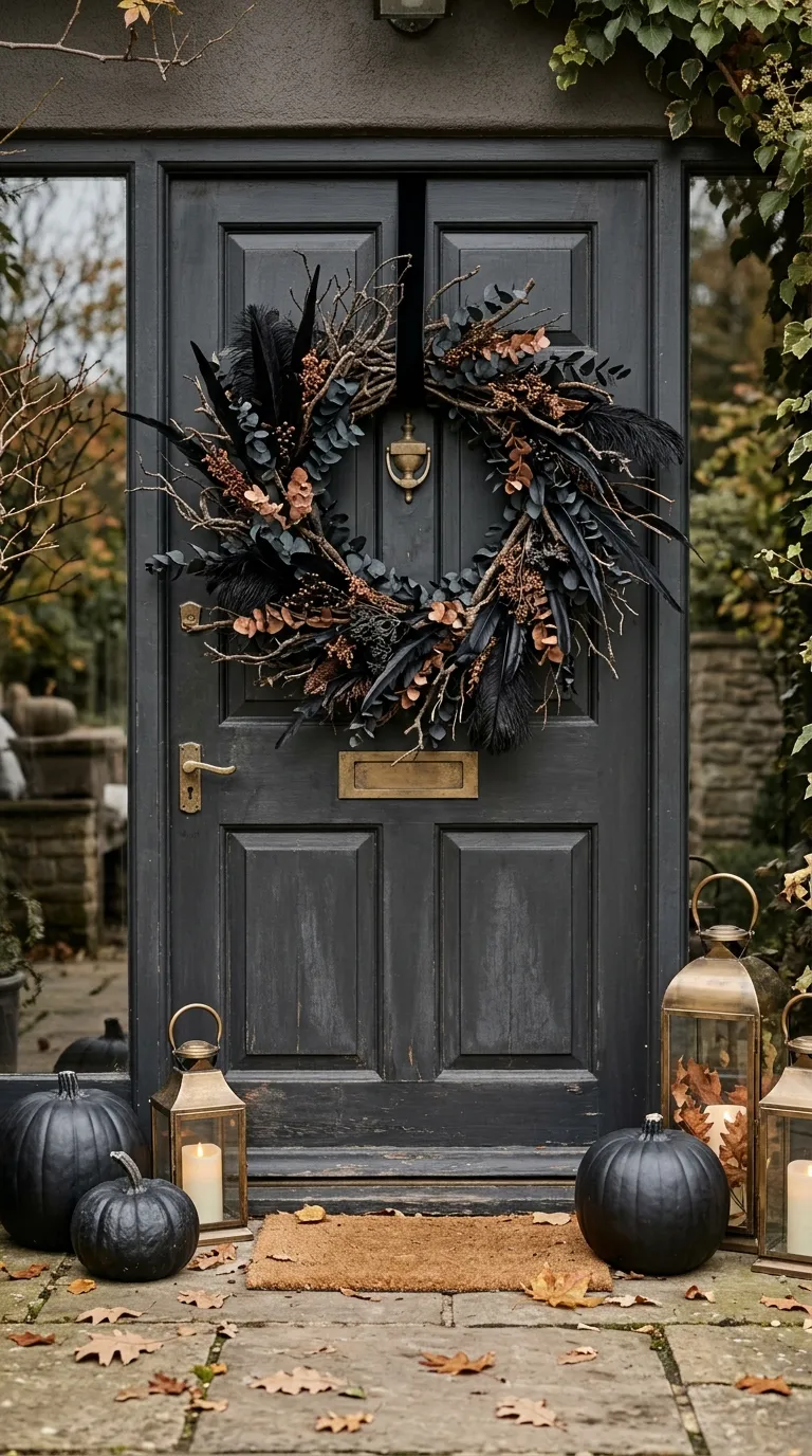 halloween porch ideas Dramatic Black Wreath