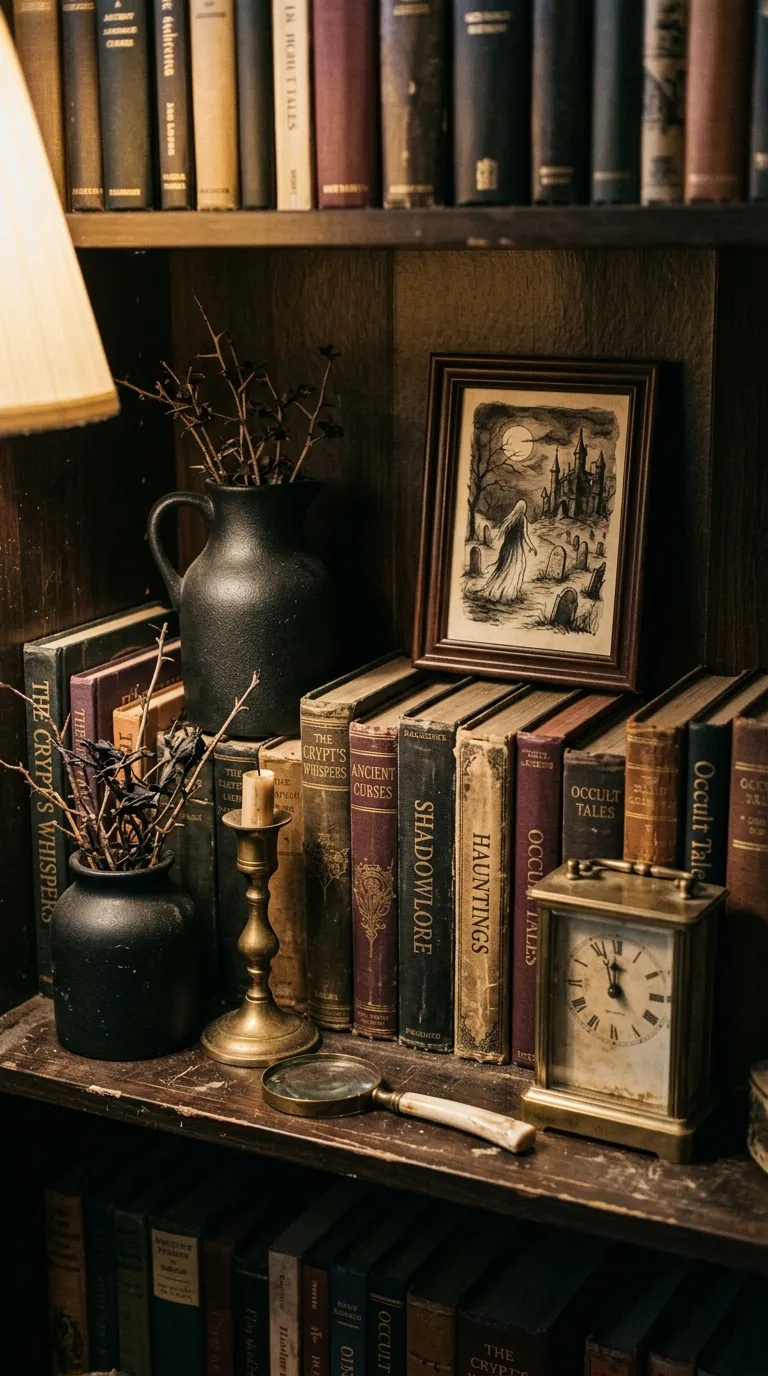 halloween room decor Haunted Bookshelf Vignette