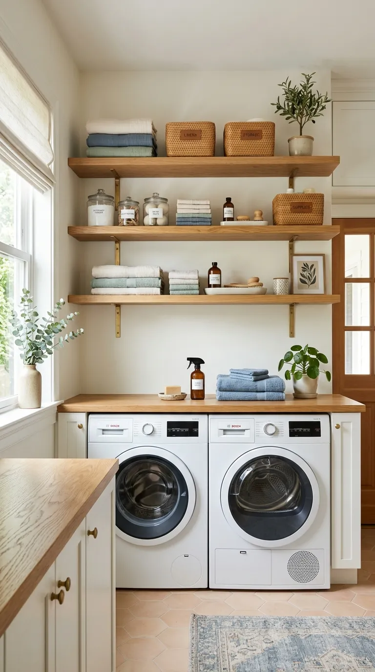 laundry room makeover ideas Open Wood Shelving