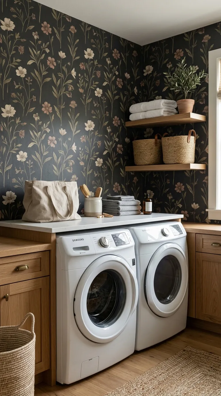 laundry room makeover ideas wallpaper Dark Floral Accent