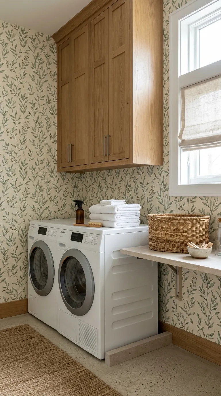 laundry room makeover ideas wallpaper Sage Green Foliage
