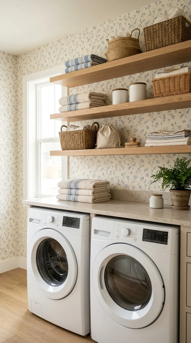 laundry room makeover ideas wallpaper Wallpaper With Open Shelves