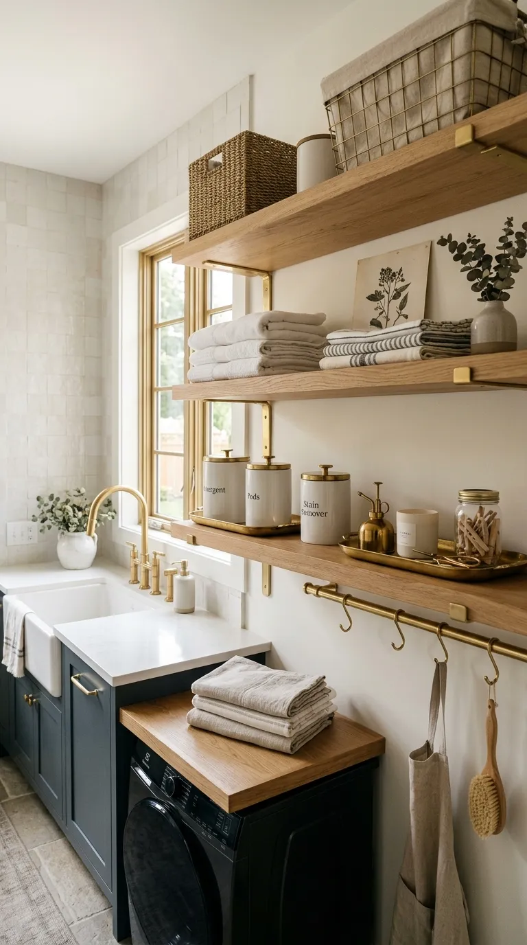 laundry room shelf decor ideas Brass Accent Details