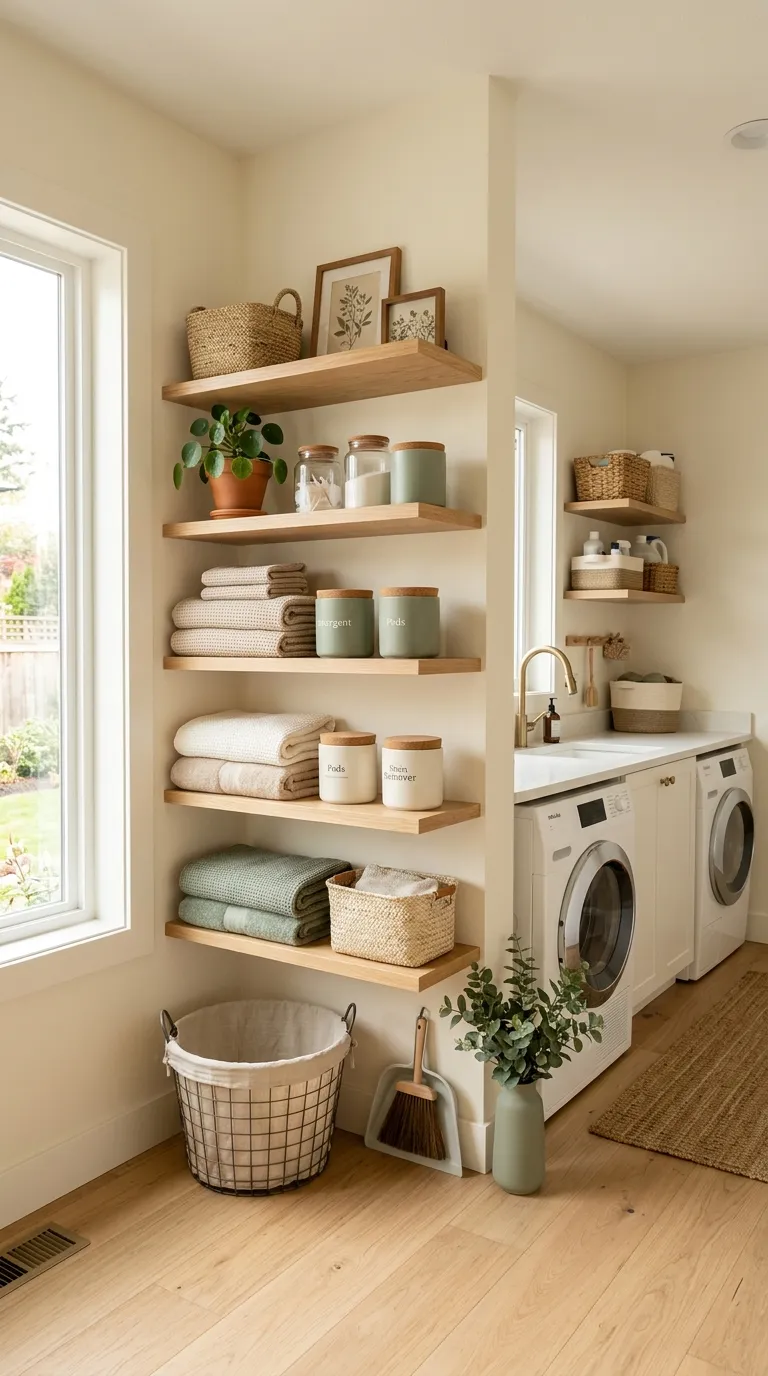 laundry room shelf decor ideas Color Coordinated Storage