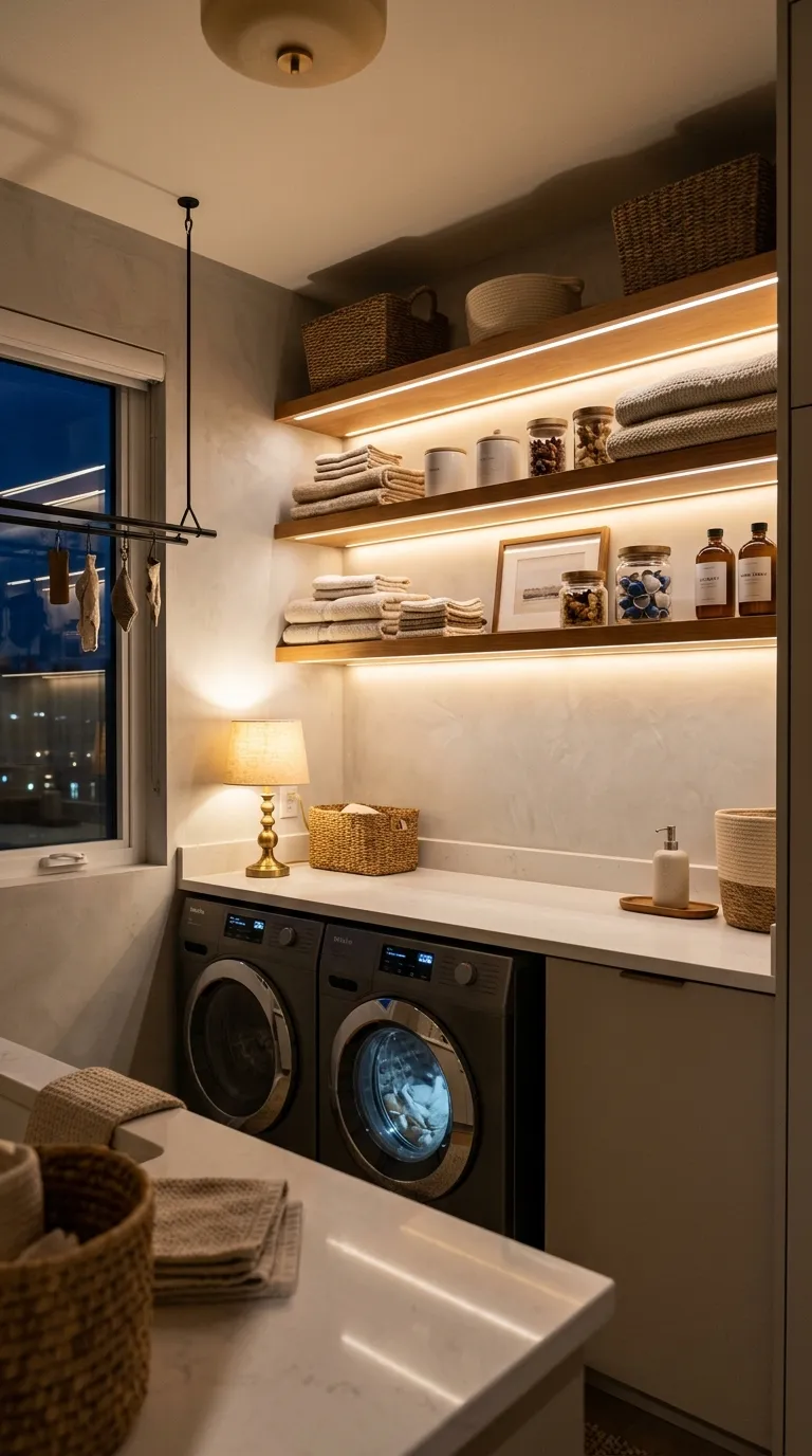 laundry room shelf decor ideas Layered Lighting Shelves