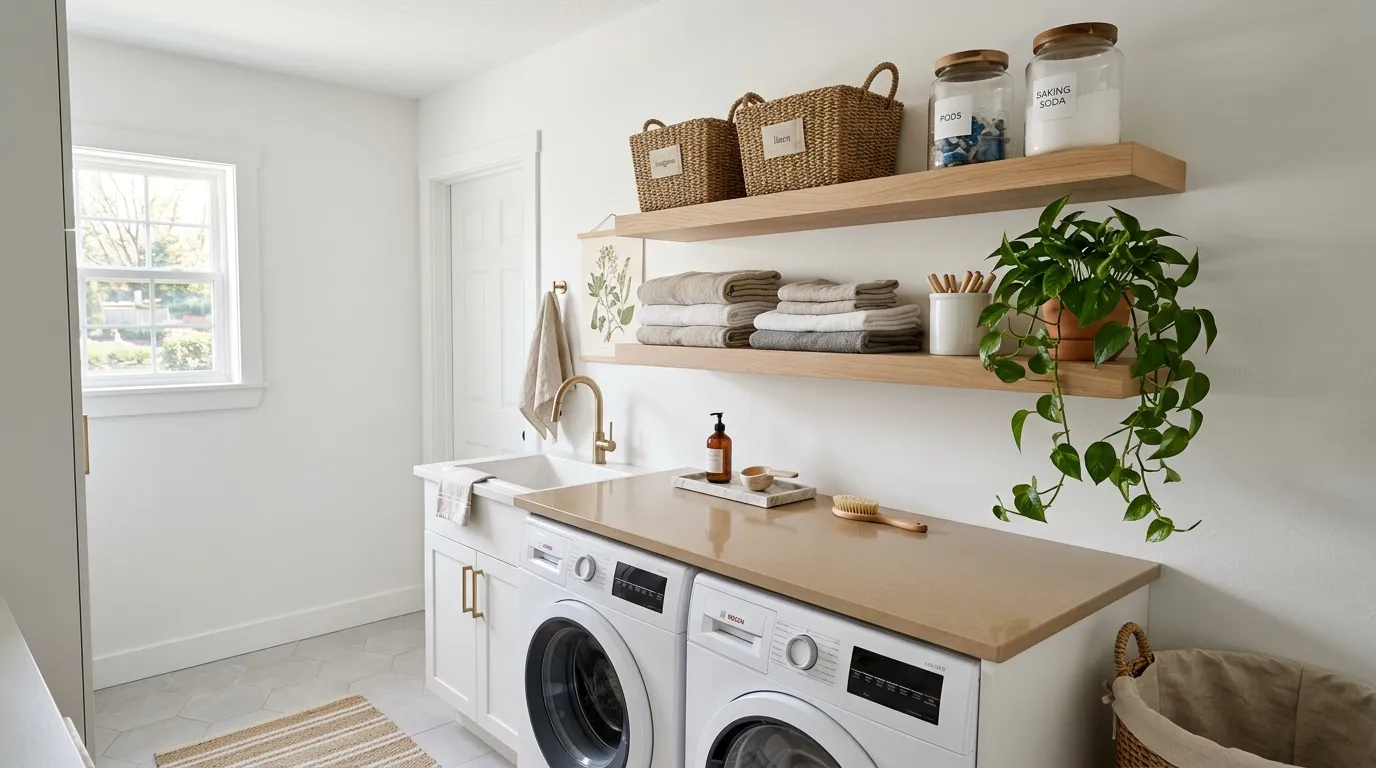laundry room storage ideas for small spaces Floating Wood Shelves