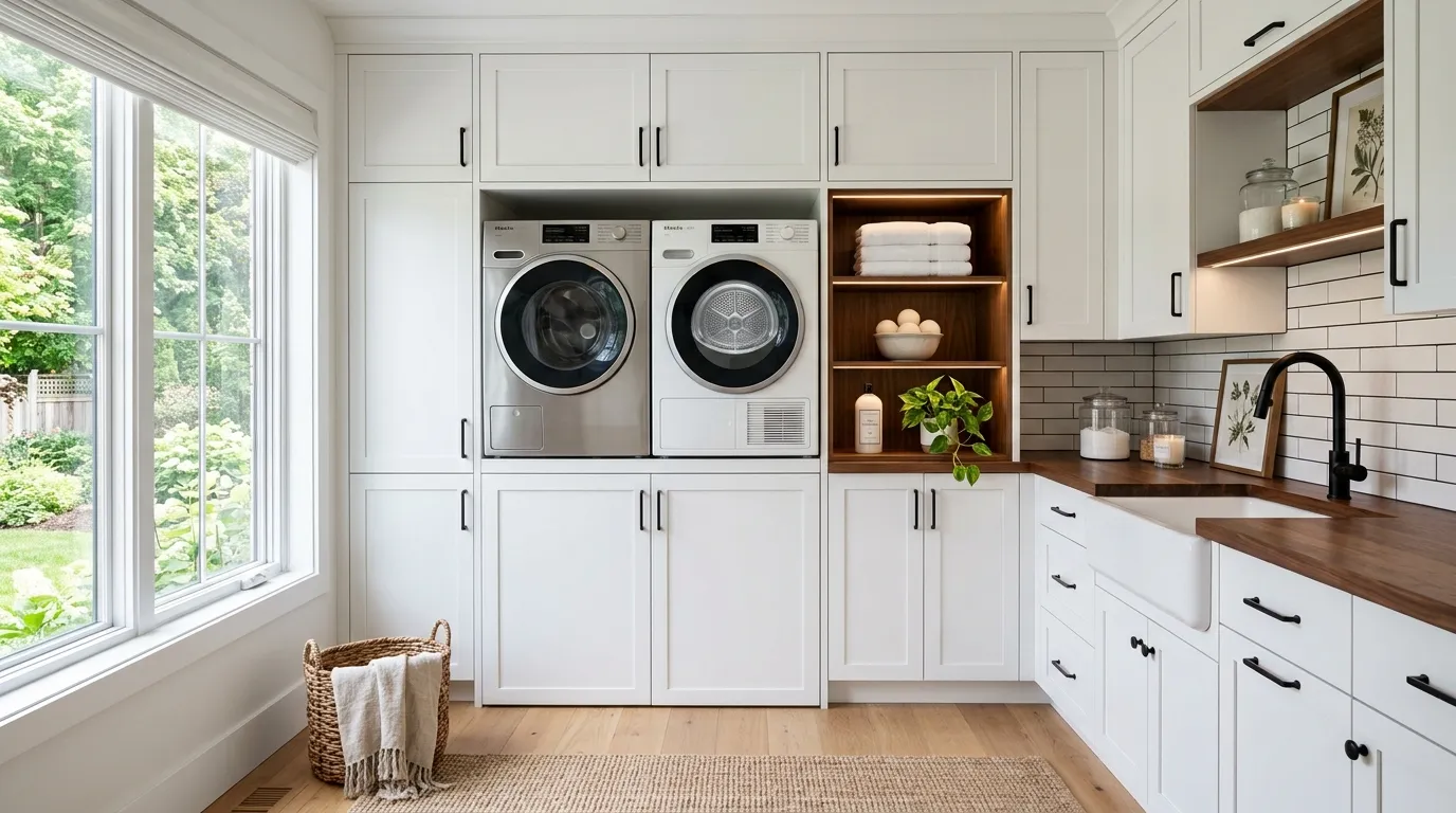 laundry room storage ideas for small spaces Stacked Appliance Station