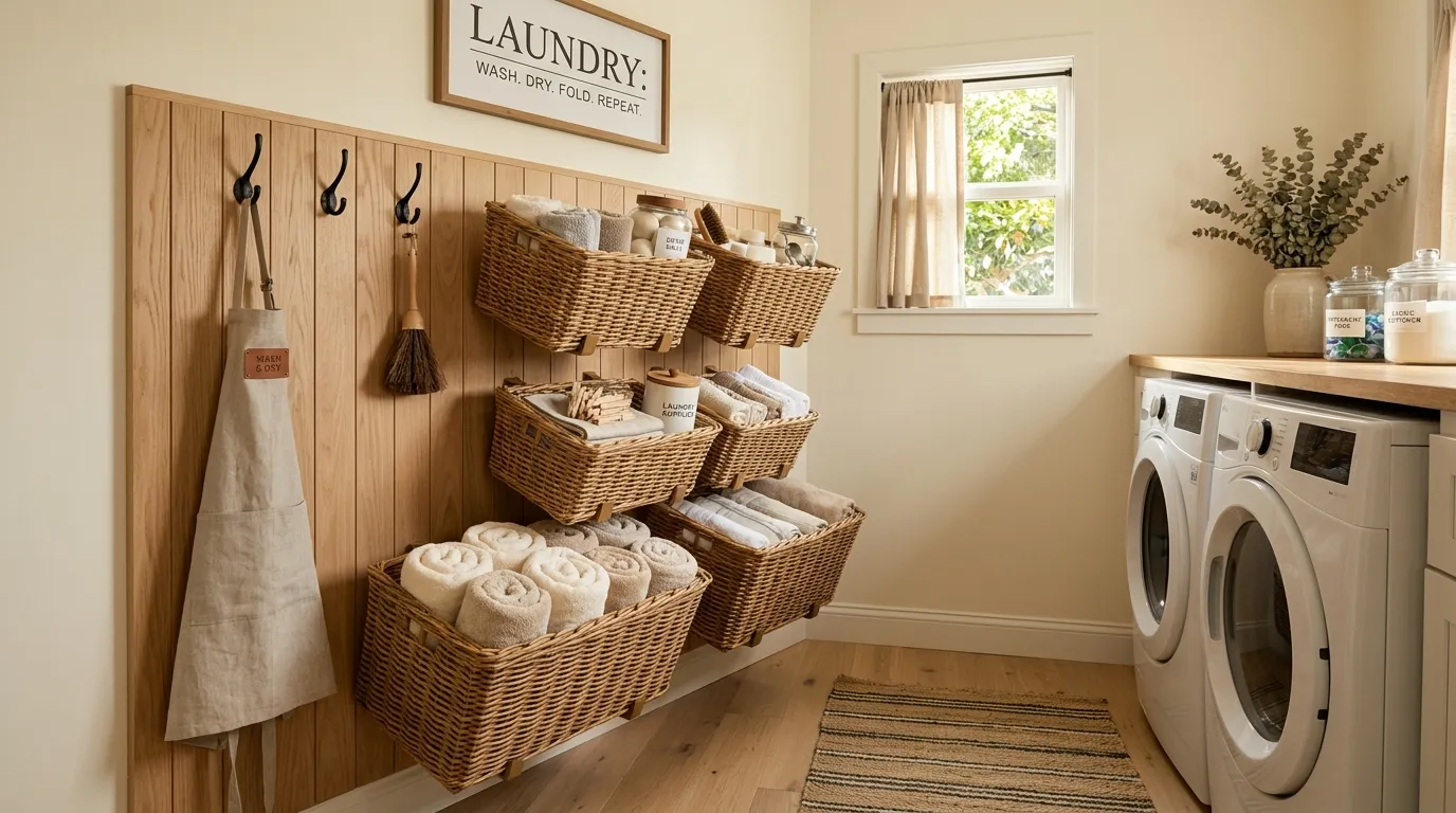 laundry room storage ideas for small spaces Woven Basket Wall