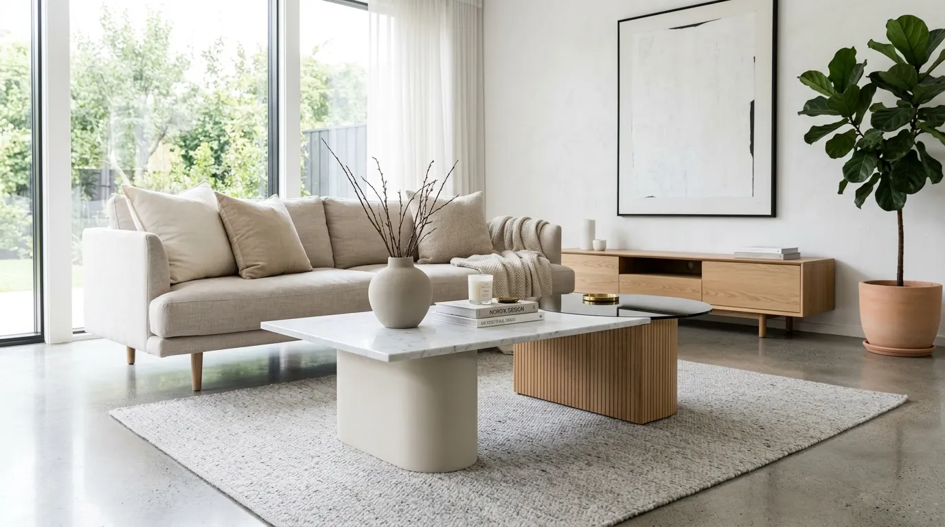 minimalist modern coffee table styling Mixed Material Balance