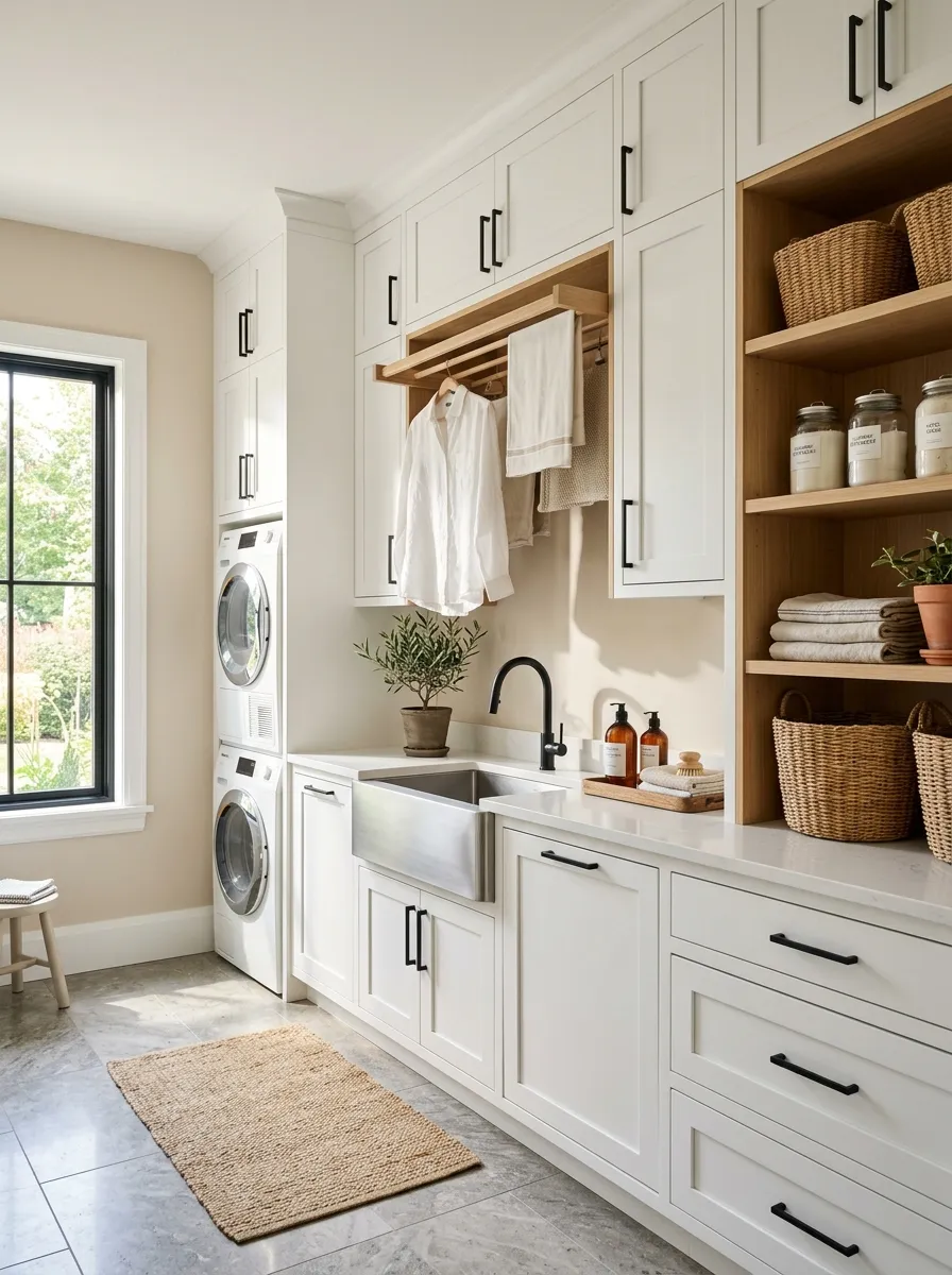 modern farmhouse laundry room ideas Built-In Drying Rack