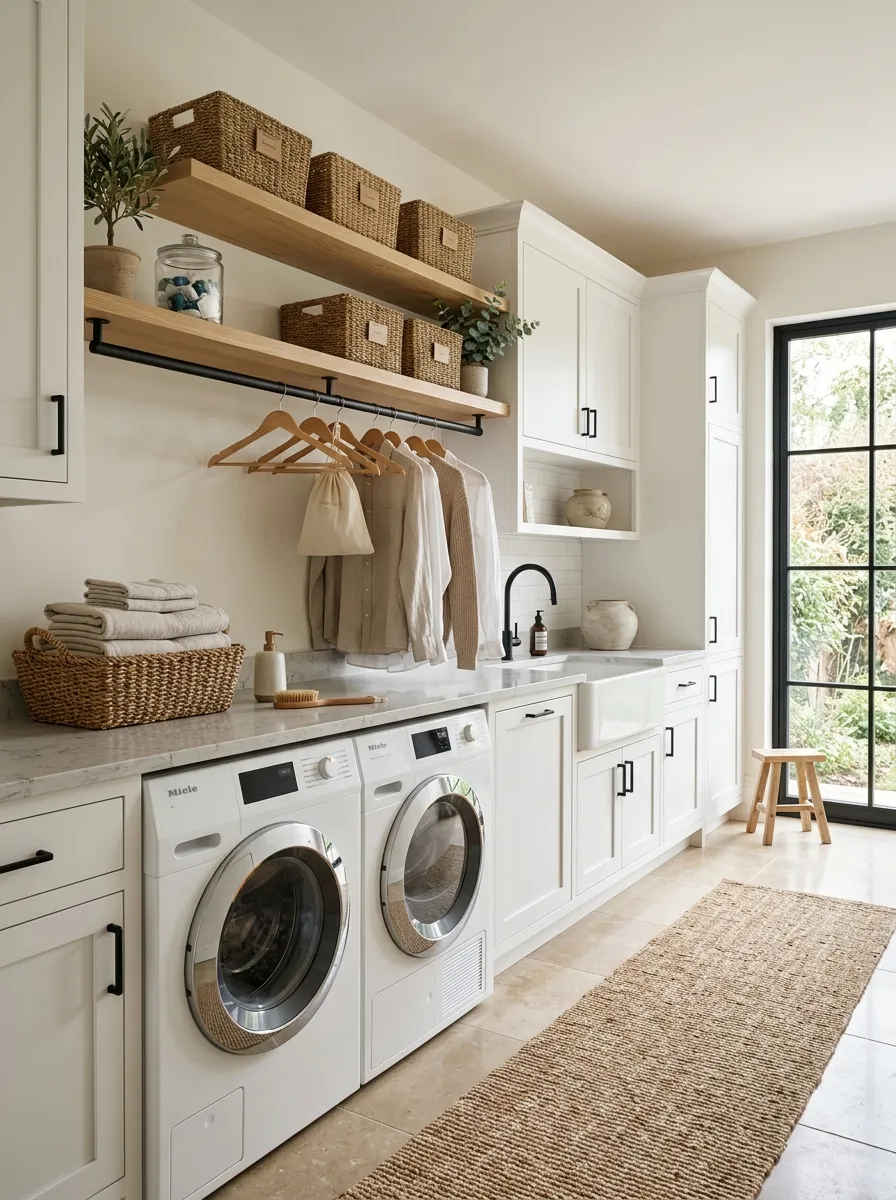 modern farmhouse laundry room ideas Integrated Hanging Rod