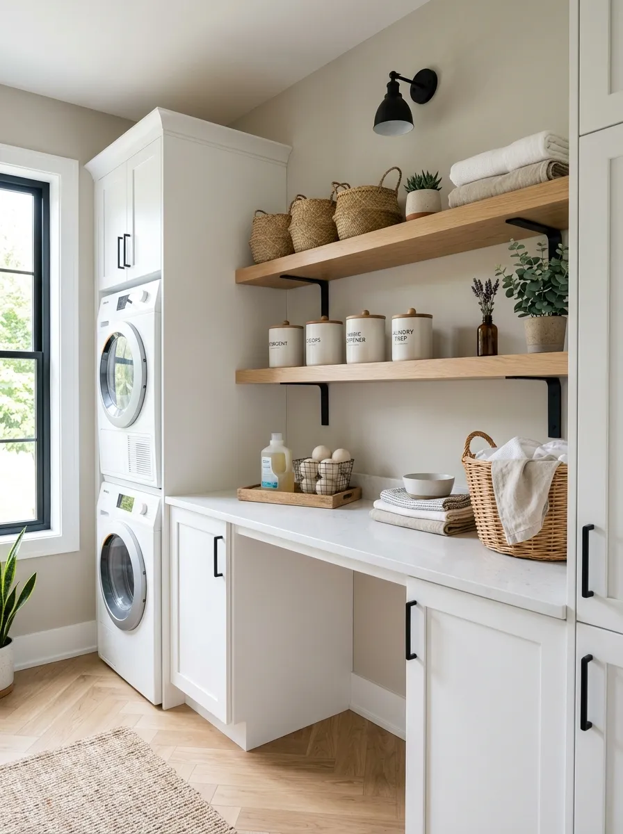 modern farmhouse laundry room ideas Light Oak Shelving